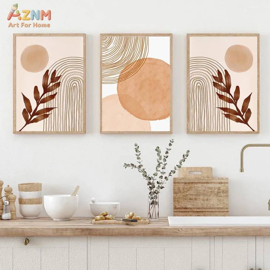 AZNM Boho Terracotta Botanical Canvas Wall Art, Frameless Canvas Print Abstract Leaf Sun Curve Shape Neutral Watercolor Painting