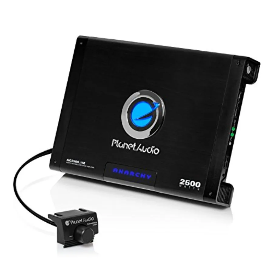

Car audio amplifier for subwoofer applications, aluminum black housing, 2500W max power with MOSFET power supply and remote con