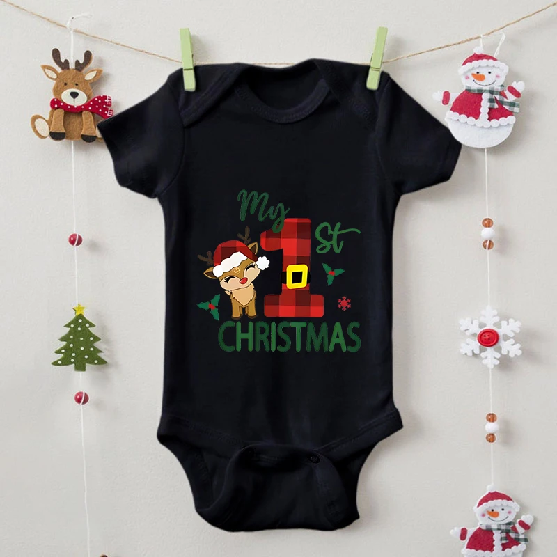 2024 Xmas Elk New Casual Baby Boys Girls Rompers Short Sleeve Cotton Newborn Bodysuits My First Christmas Infant Jumpsuits 0-24M