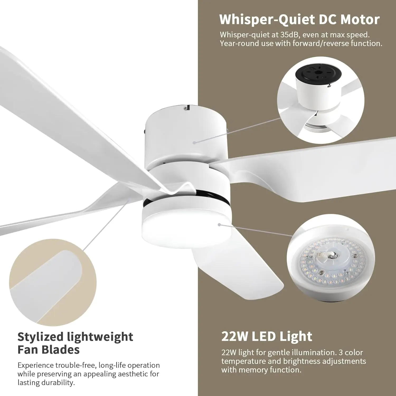 Flush Mount Ceiling Fan with Lights,52 inch Low Profile Ceiling Fan White with Memory Function,3 Color Temperature,Dimmable