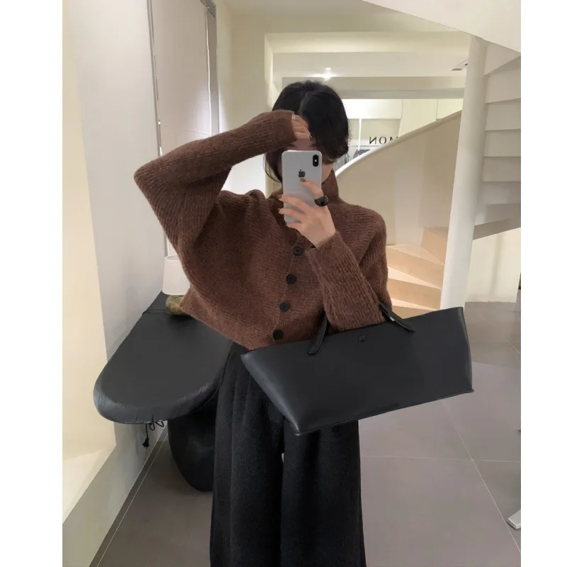 FL-suéter a rayas para mujer, Vintage, cuello alto, moda coreana, botón de punto, cárdigan holgado de talla grande, Top de manga larga, novedad de 2026