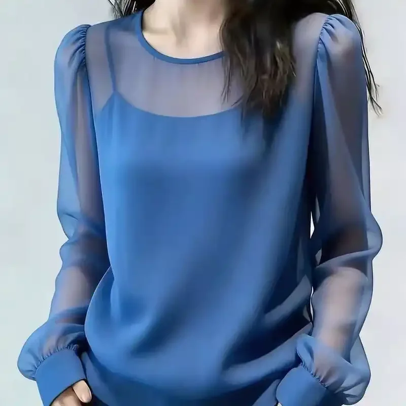 

Elegant Women Blouse With Puff Sleeves And Sheer Detailing Loose Fit O Neck Long Sleeve Top For Spring And Autumn