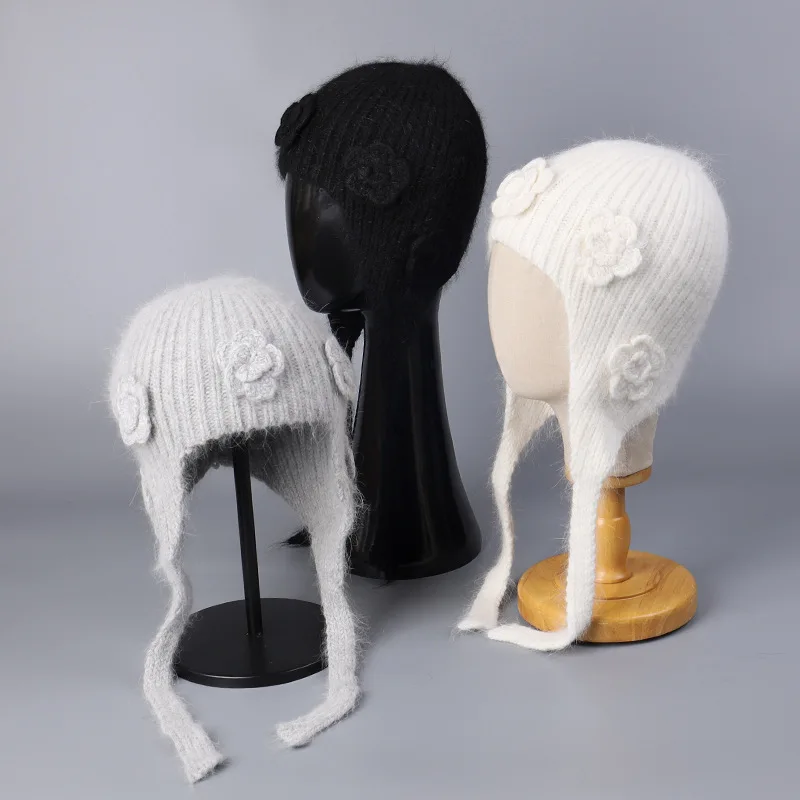 Korean Style Angora Rabbit Hair Knitted Bomber Hat Ear Protection Cold-proof 3D Flower Cute and Sweet Ski Beanie Hat