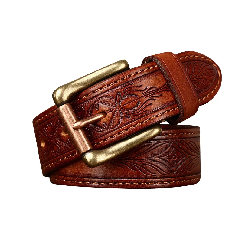 Retro trend embossed thick top layer cowhide belt for men genuine leather full grain copper buckle for men double-sided usable