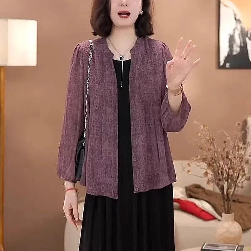 

Женский винтажный шифоновый кардиган с цветочным принтом, воротником-мандарином и рукавами 3/4, свободная блузка-топ