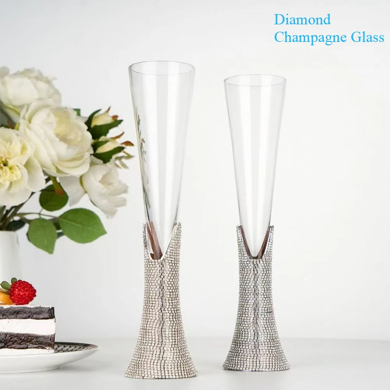 Diamond Champagne Glass High Leg Wine Cup Luxury Crystal Glass with Rhinestone Metal Bottom Suitable For Couples' Wedding Gifts
