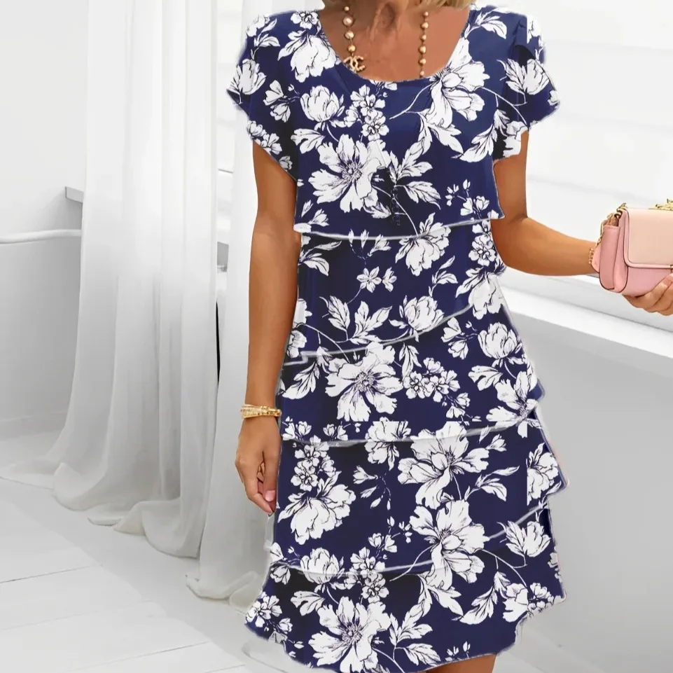 2025 primavera chique floral impressão chiffon vestido mulher elegante tripulação pescoço em camadas vestido plissado verão manga curta a linha vestido de festa