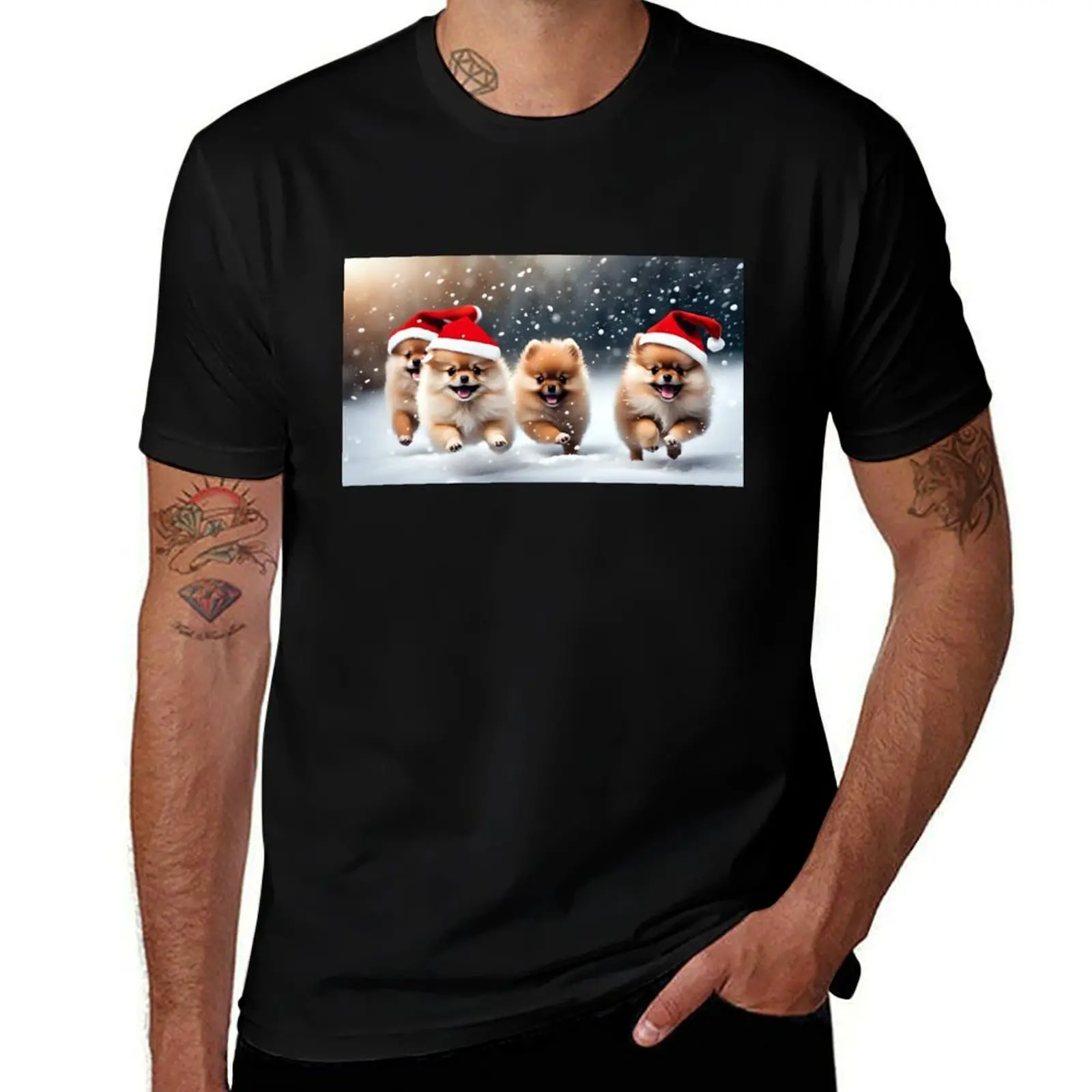 Pomeranian puppies running in the snow T-Shirt Relaxed Fit Casual Short Sleeve Top T-Shirt