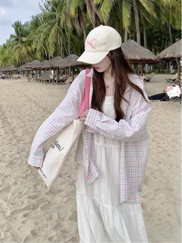 

Chic Hong Kong Style Long Sleeve Plaid Shirt Coat Women's Casual Thin Loose Personality Spring Opening Cardigan Korean System