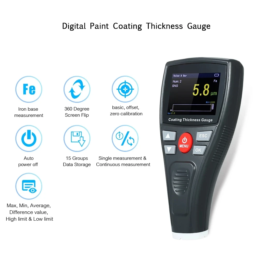 Medidor de espesor de película de revestimiento de coche de precisión wt2100, pantalla LCD, medidor de recubrimiento de espesor de mano, instrumento de medición Manual, 5 piezas