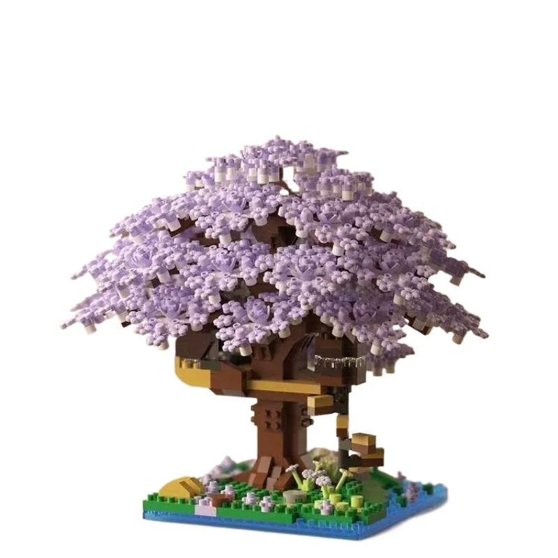 Casa del árbol de flor de cerezo romántica rosa, Mini partículas de bloques de construcción Diy, casa del árbol púrpura, juguete de ladrillo, regalos de navidad para niñas
