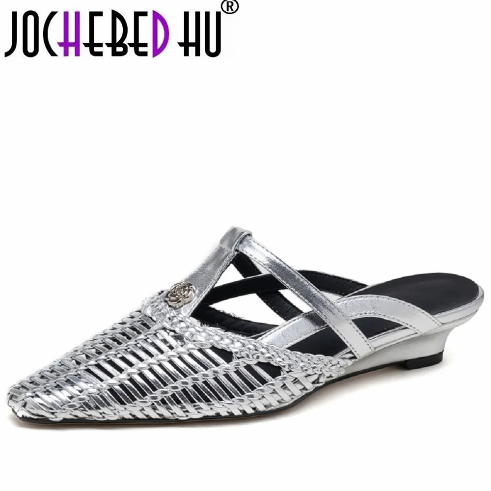 

【JOCHEBED HU】Braided Women's Genuine Leathee Sandals Pointed Toe Chunky Mid Heels Ladies Out Gladiator Mujer Dress Pumps 34-40
