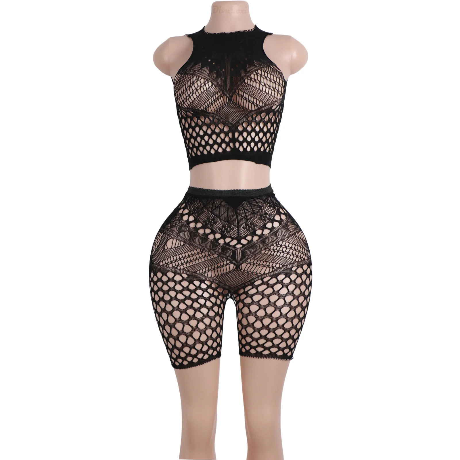 Women's Exotic Black Lace Two-Piece Bodysuit Hollow Wholesale Club Performance Dancewear Mesh Shorts Set Sexy Striper Outfits