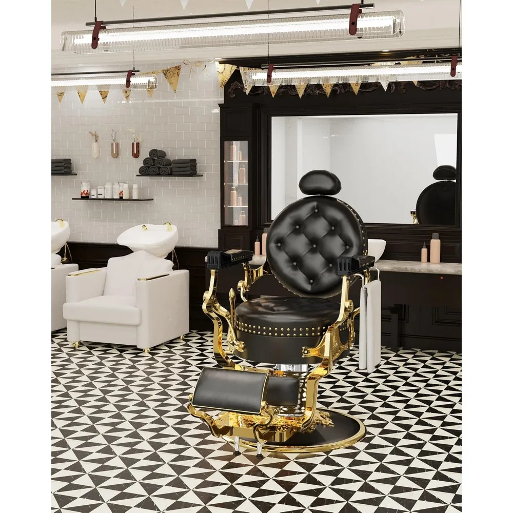 Vintage Salon Chair with Exquisite Rivet,Black and Gold Retro Classic Barber Chair, Heavy-Duty Reclining Barber Chair