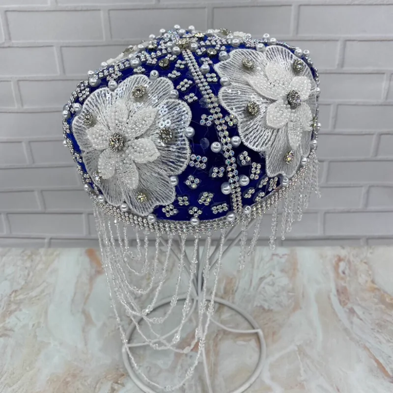 

Китайская Синьцзян-Уйгурская женская коралловая шляпа для танцев, вышитая шляпа с горячими бриллиантами и цветами