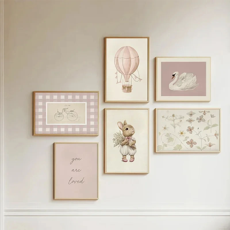 Modern Minimalist Pink Wall Decor Rabbit Swan Text Floral Canvas Painting Art Print Home Kids Room Dorm Decoration