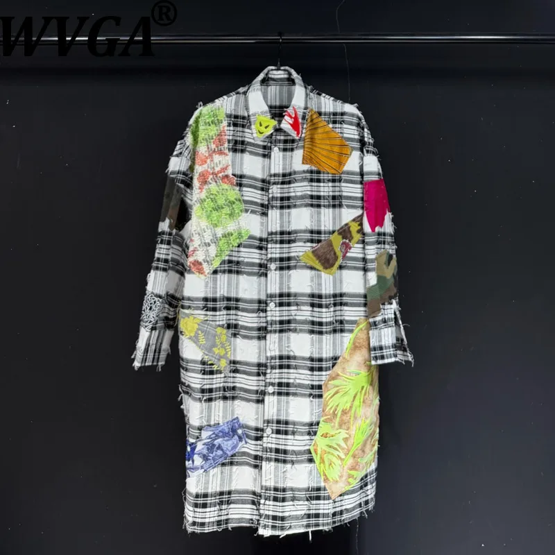 WVGA Spring Autumn New Men Tide Pop Style Patchwork Plaid Long Sleeve Shirt Niche Chic Casual Trendy Turn-Down Collar Top W17562