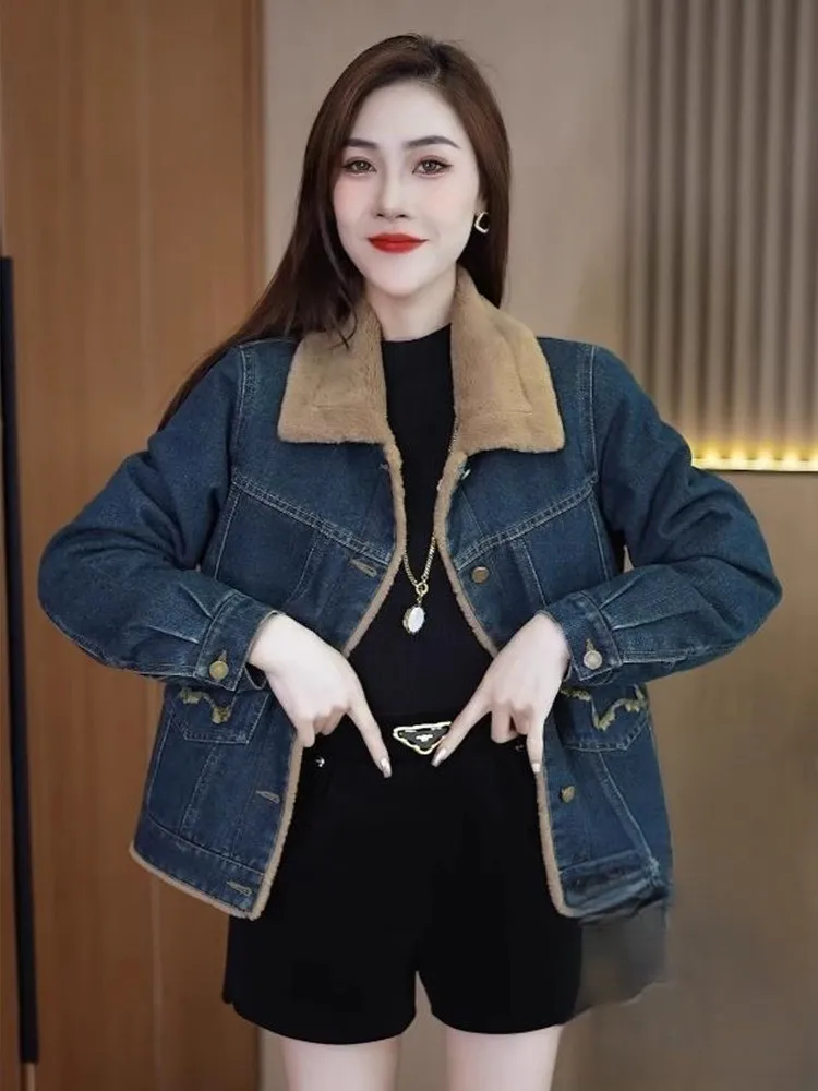 

Denim Coat Good Quality Fur Plush Womens Autumn Standneck Regular-Fit British Style Urban Leisure Clubwear Lined Buttoned Padded
