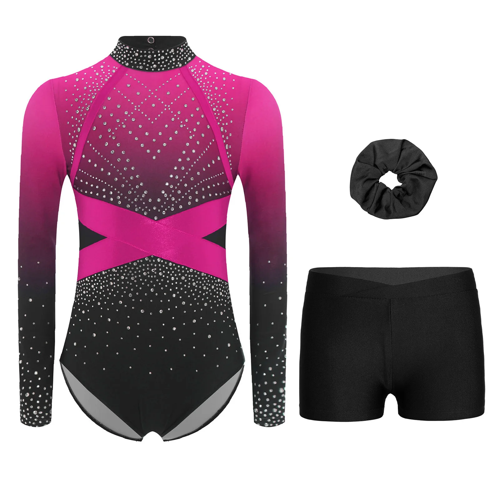 Conjuntos de gimnasia de ballet para niñas, conjunto deportivo con diamantes de imitación brillantes y patrones de bloques de color