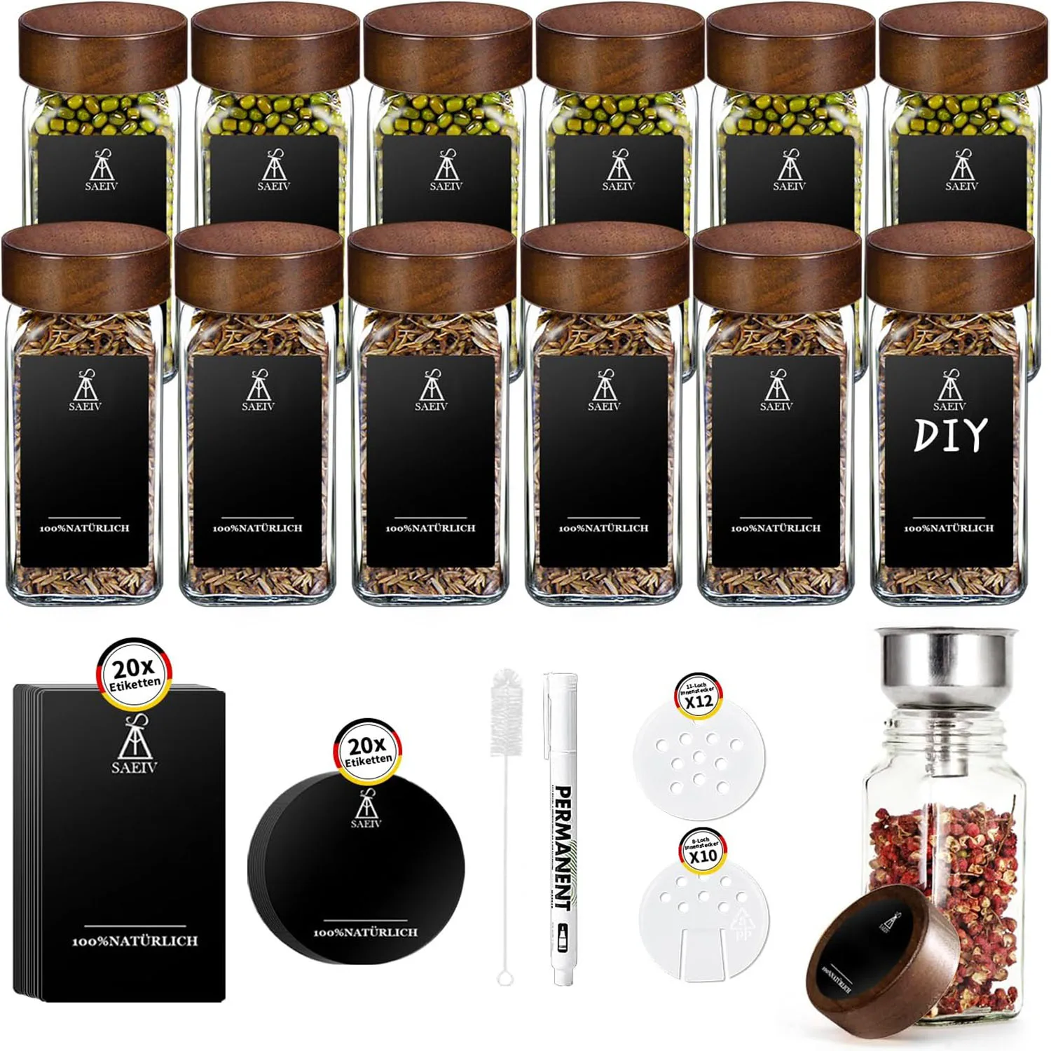 SIAZIH Quadratisches Gewürzglas mit Rosenholzdeckel | 120ml Glas-Gewürzbehälter | 12/24/35-teiliges Gewürzgläser-Set mit Etiketten | BPA-frei – Detail 3