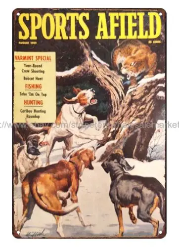 metallic wall decoration 1959 SPORTS AFIELD Bobcat Hunting dogs metal tin sign