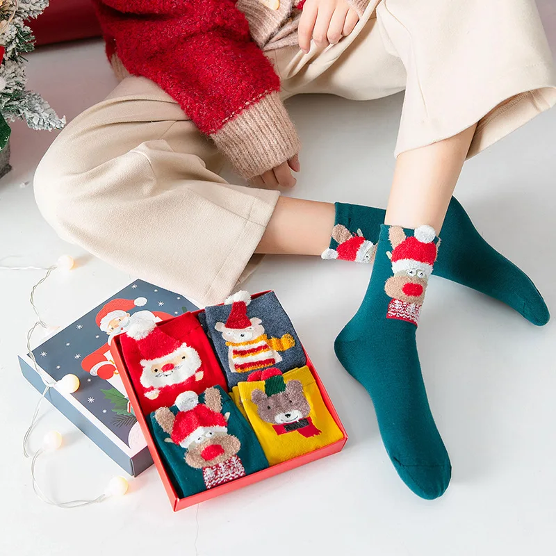 4 Pairs/Lot Casual Christmas Socks Cartoon Animal women Socks Cotton Happy funny Socks Korea cute socks Christmas Gift for women