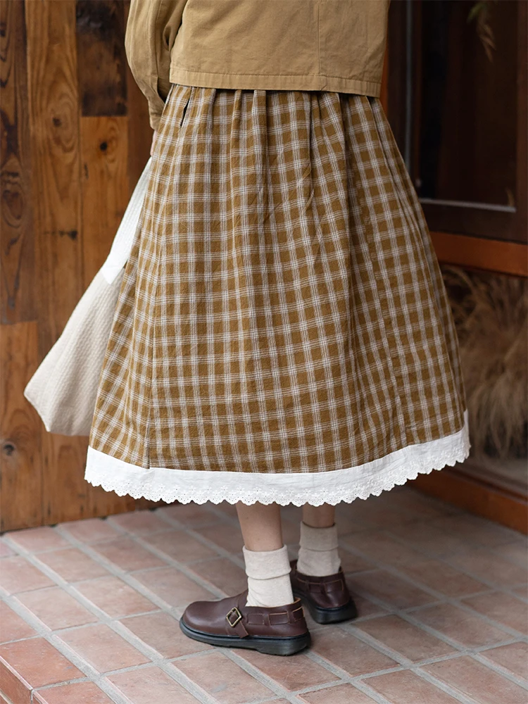 Harajuku Plaid Long Skirts Women Japanese Vintage Lace Preppy High Waist A Line Midi Skirt Korean Fashion Casual Female Faldas