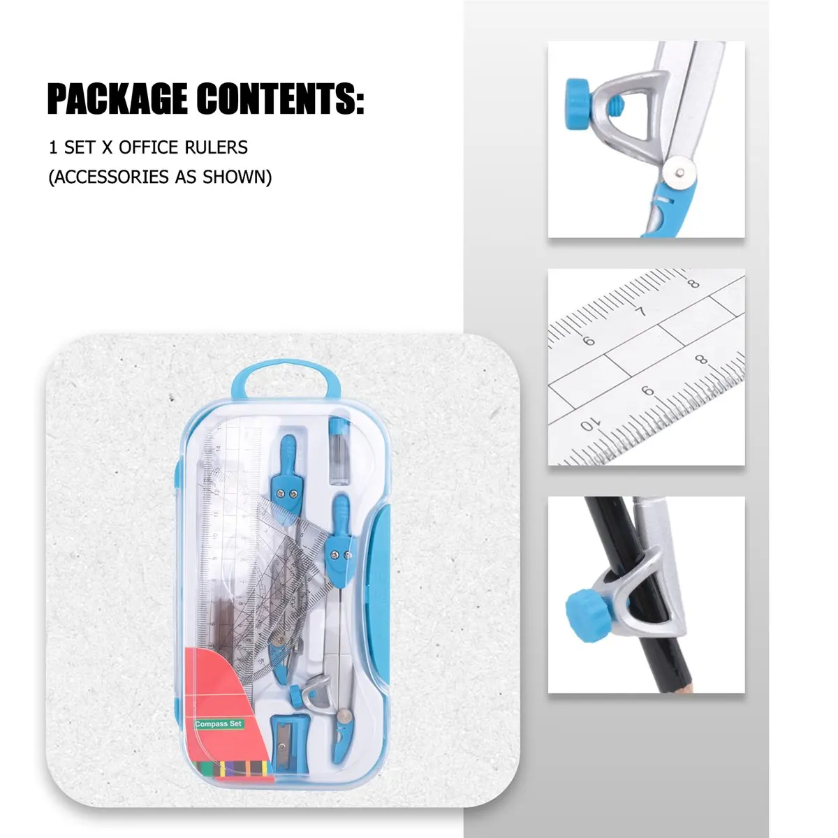 MALL Geometry Compass Set 10Pcs School Maths Protractor Set Rulers for Student Maths and Engineering in Carry Case, Blue
