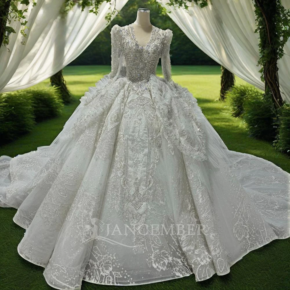 

Jancember Gorgeous White/Ivory Full Sleeves Wedding Dress 2025 Ball Gowns Beaded Court Train Bridal Gowns Vestido De Noiva MN221