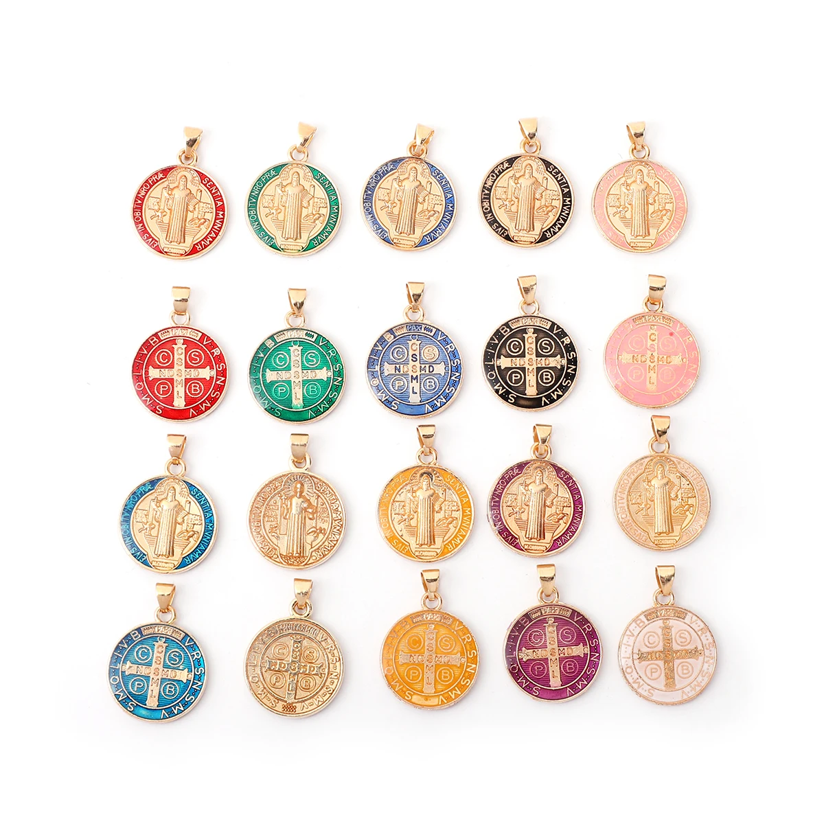 Juego de 12 piezas de aleación multicolor que gotea aceite, colgante individual de San Benito, medalla, collar, accesorios colgantes
