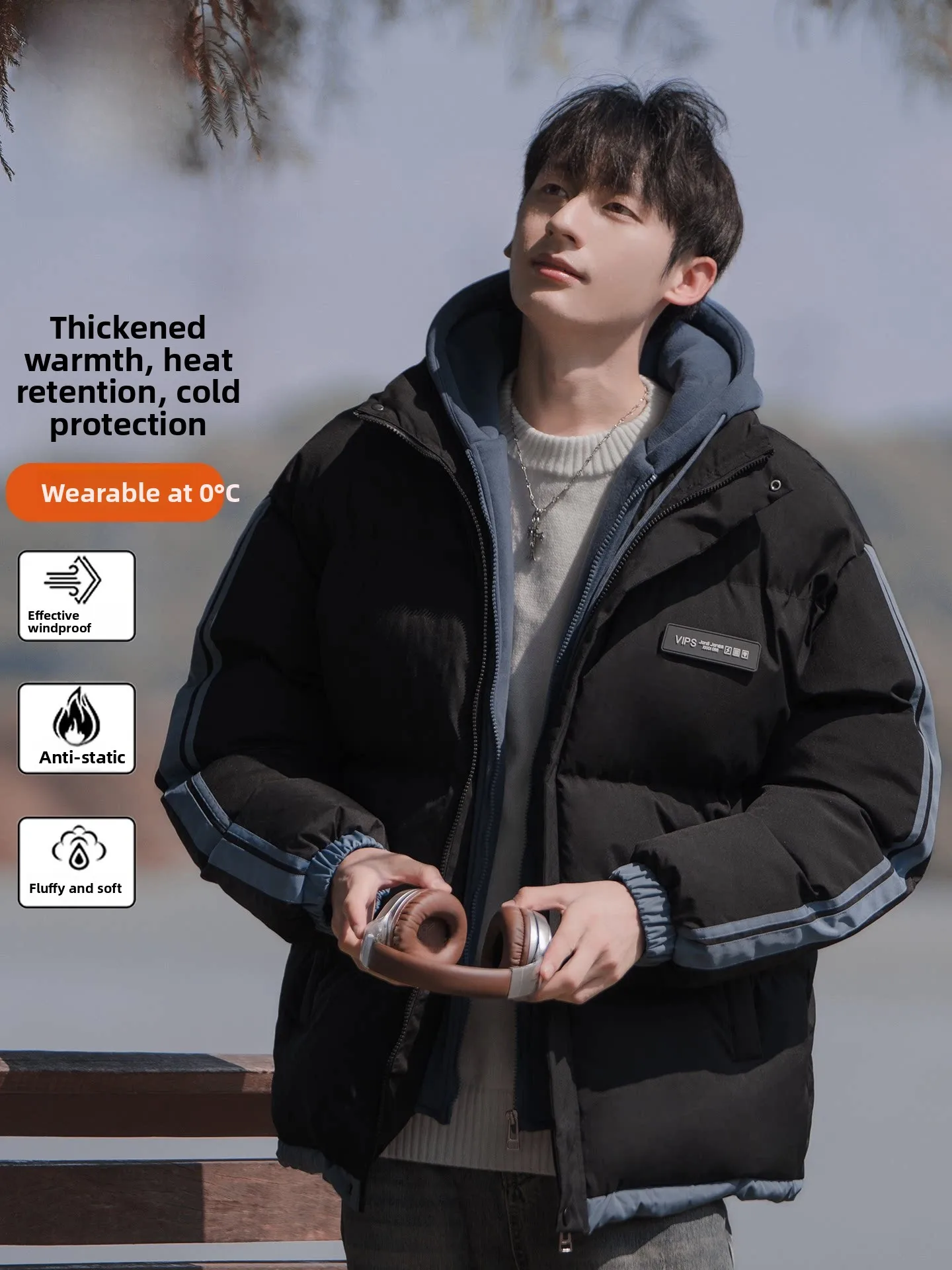 

Мужская утепленная хлопковая куртка Nainilu Trendy Brand с эффектом двухслойности, свободного кроя, с капюшоном, для активного отдыха, молодежная, повседневная