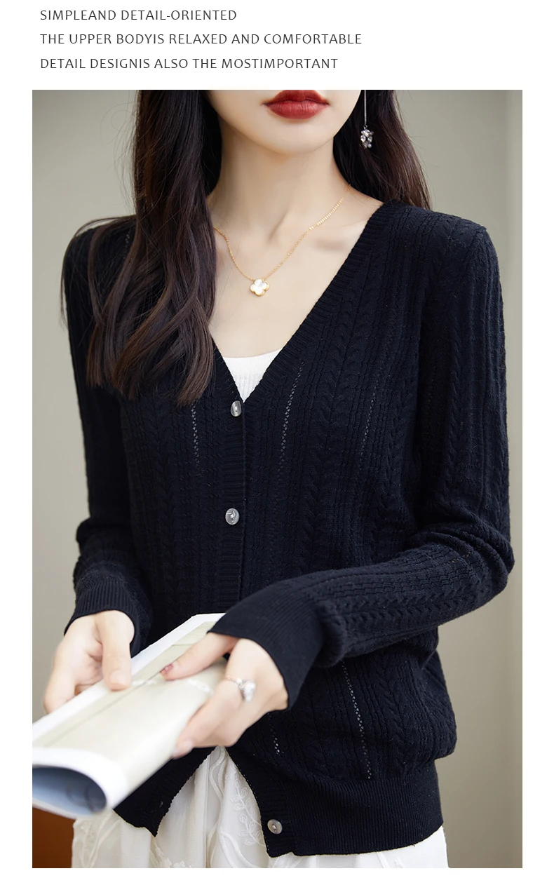 100% Cotton Spring/Summer Hollow v Neck Long Sleeved Sun Proof Air-Conditioned Shirt, Comfortable Fashionable Cardigan