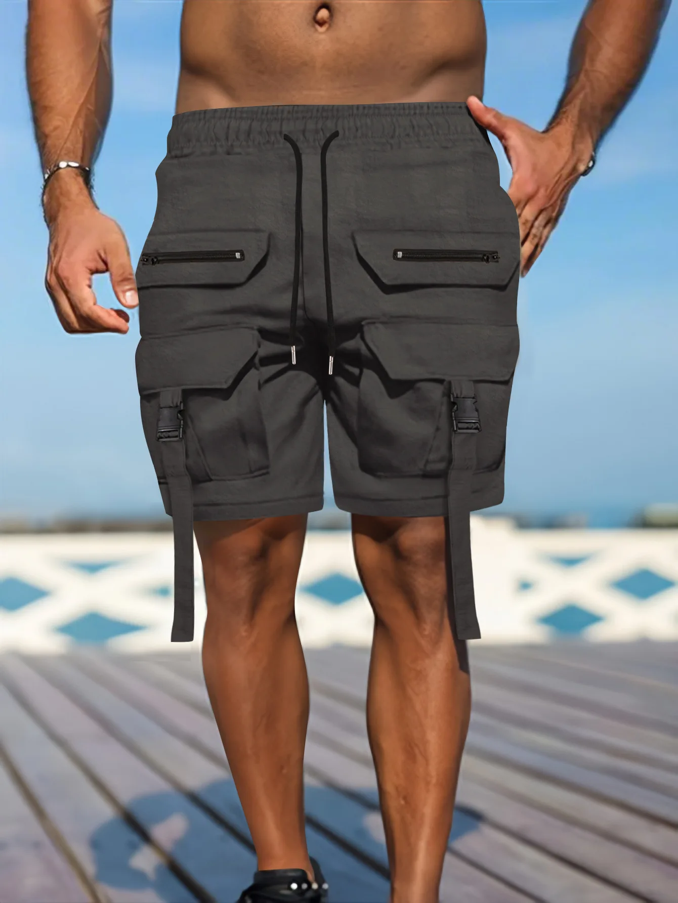 2026 Neue Herren Multi-Taschen Street Punk Hip Hop Cargo Shorts Taktische Techwear Knielange Weite Kurze Hosen – Detail 5