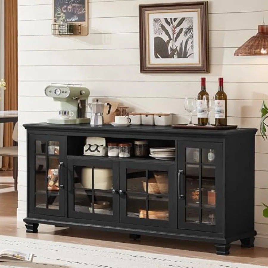 60-Inch Sideboard Buffet with Glass Doors for dining room, engineered wood, walnut finish, soft-close hinges and adjustable she