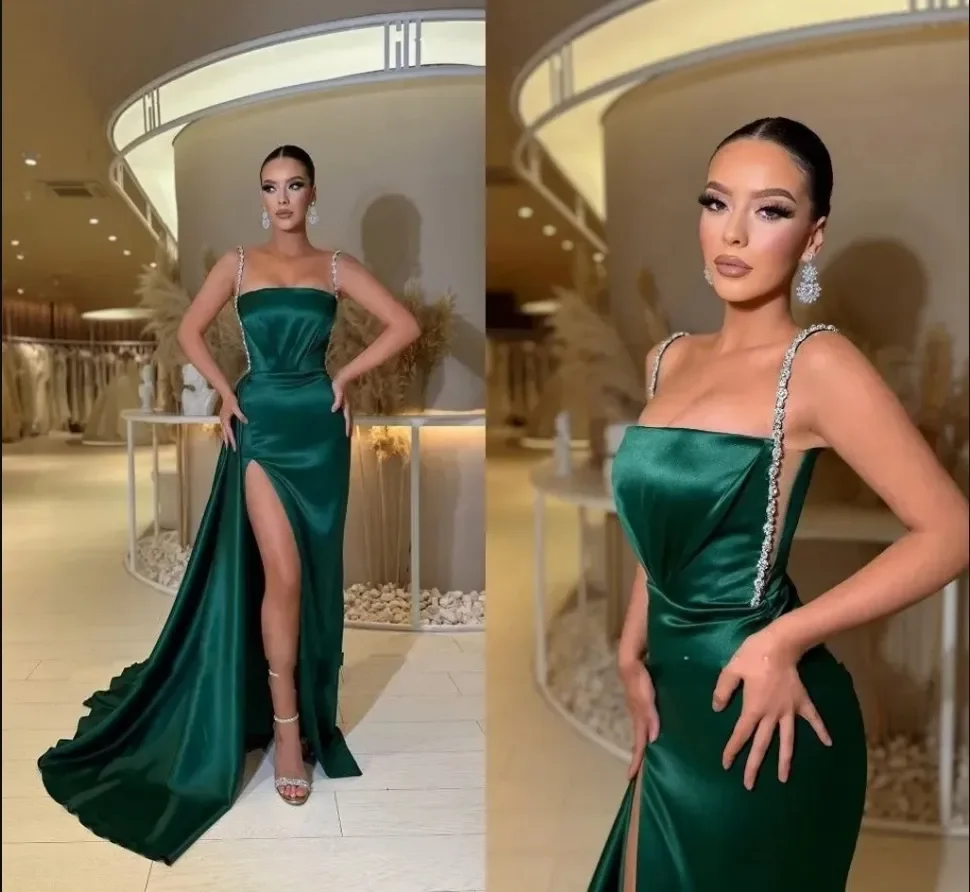 

Customization Dark Green Spaghetti Straps Prom Dresses 2025 Beads Sequins Dress Sexy High Slit Satin Formal Evening Gowns
