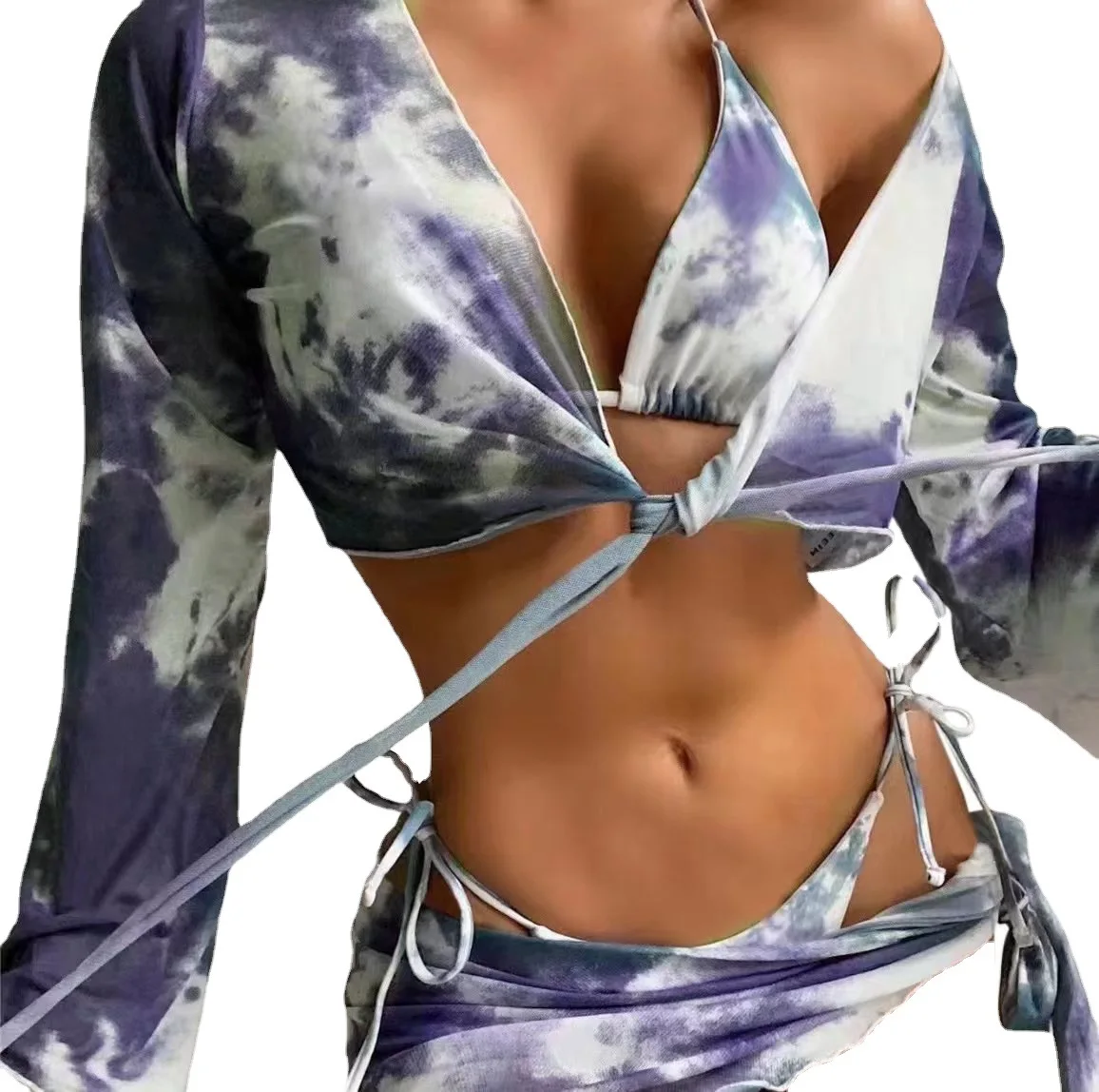 

2024 Tie Dye Four-piece Bikinis Sets Sexy Halter Women's Swimsuit Low Waist Triangle Thong Swimwear Female Push Up Bathing Suits