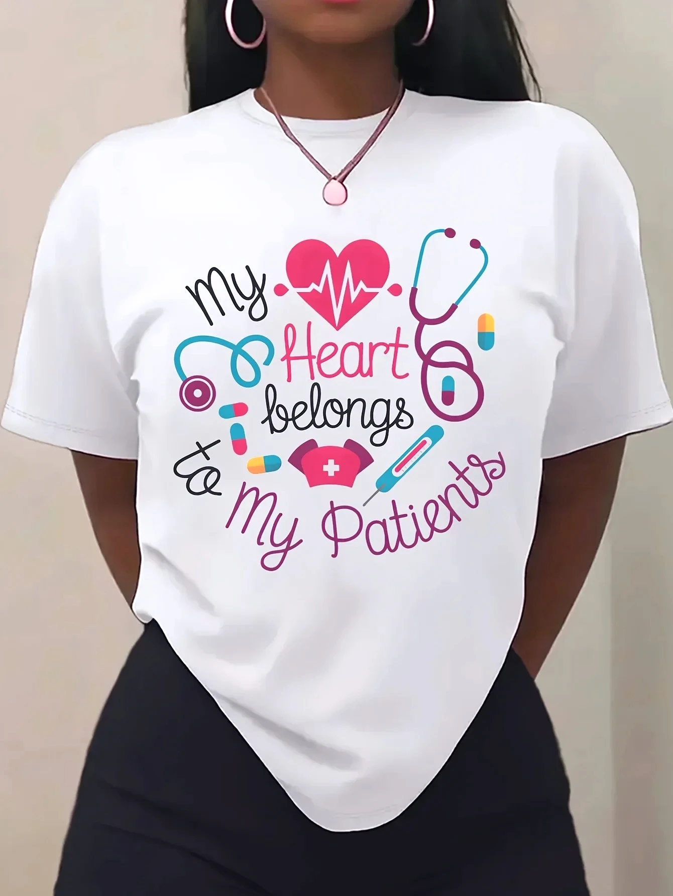 Print Tee Spring Summer Sleeve Casual Daily T Shirt My Heart Belongs To My Patients Women Nurse Aesthetic Clothes Short sleeves
