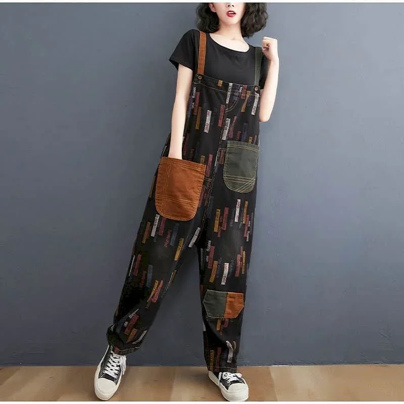 

Denim Jumpsuits for Women Printed Ankle-Length Pants One Piece Outfit Women Rompes Loose Korean Style Casual Vintage Overalls
