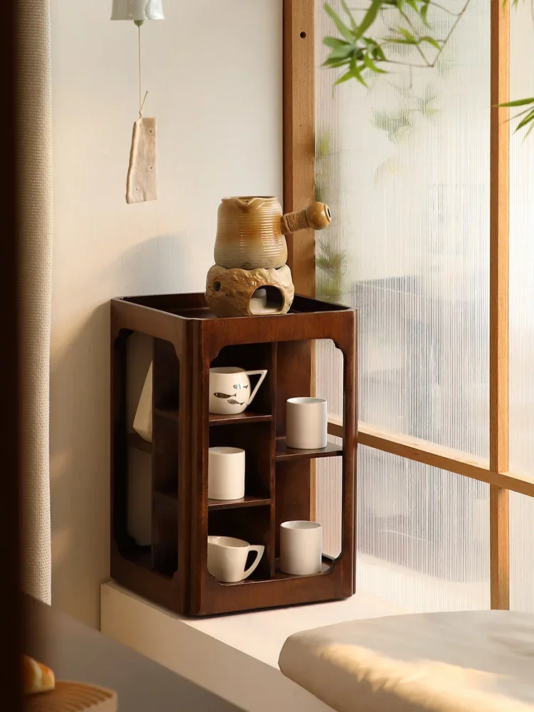 Rotating Teacup Holder Retro Style Small Desktop Tea Set Storage Cabinet