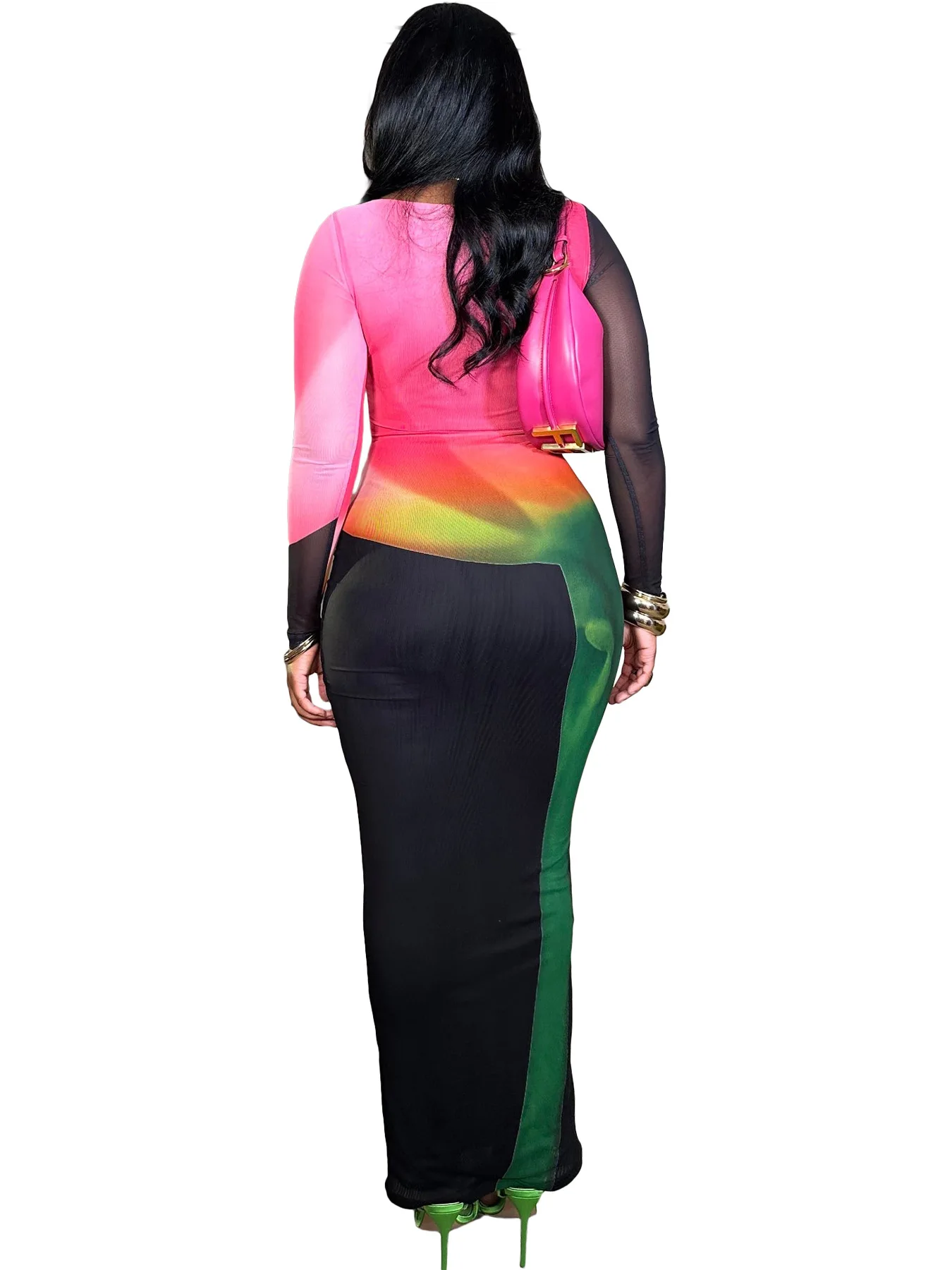 Sukienki damskie Y6054 z siateczki z efektem tie-dye, lekkie i cienkie, prześwitujące, długie, modne, dopasowane, elastyczne, eleganckie sukienki na imprezę.