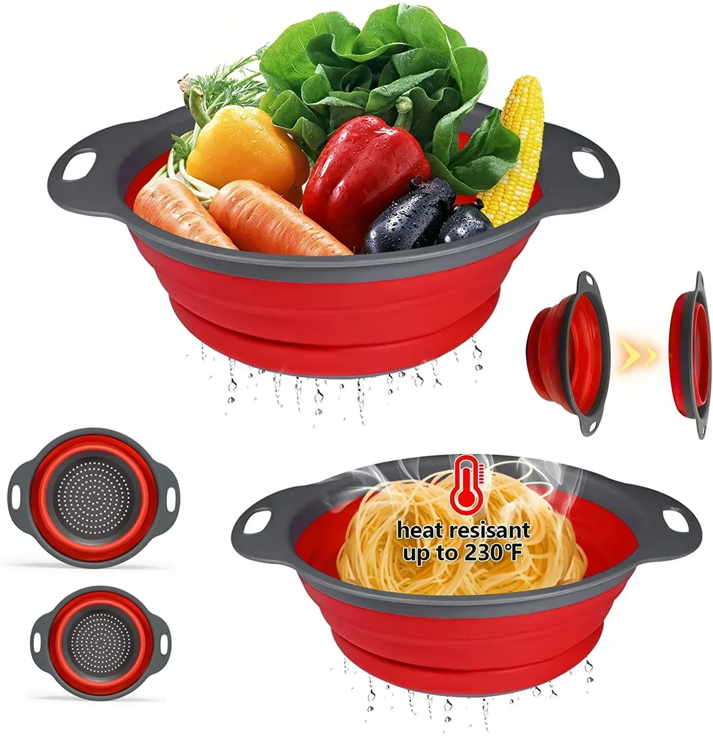 Folding Silicone Drain Kitchen Gadget Utensils Foldable Strainer Fruit Wash Colander Accessories Drainer Noise Salad Spinner