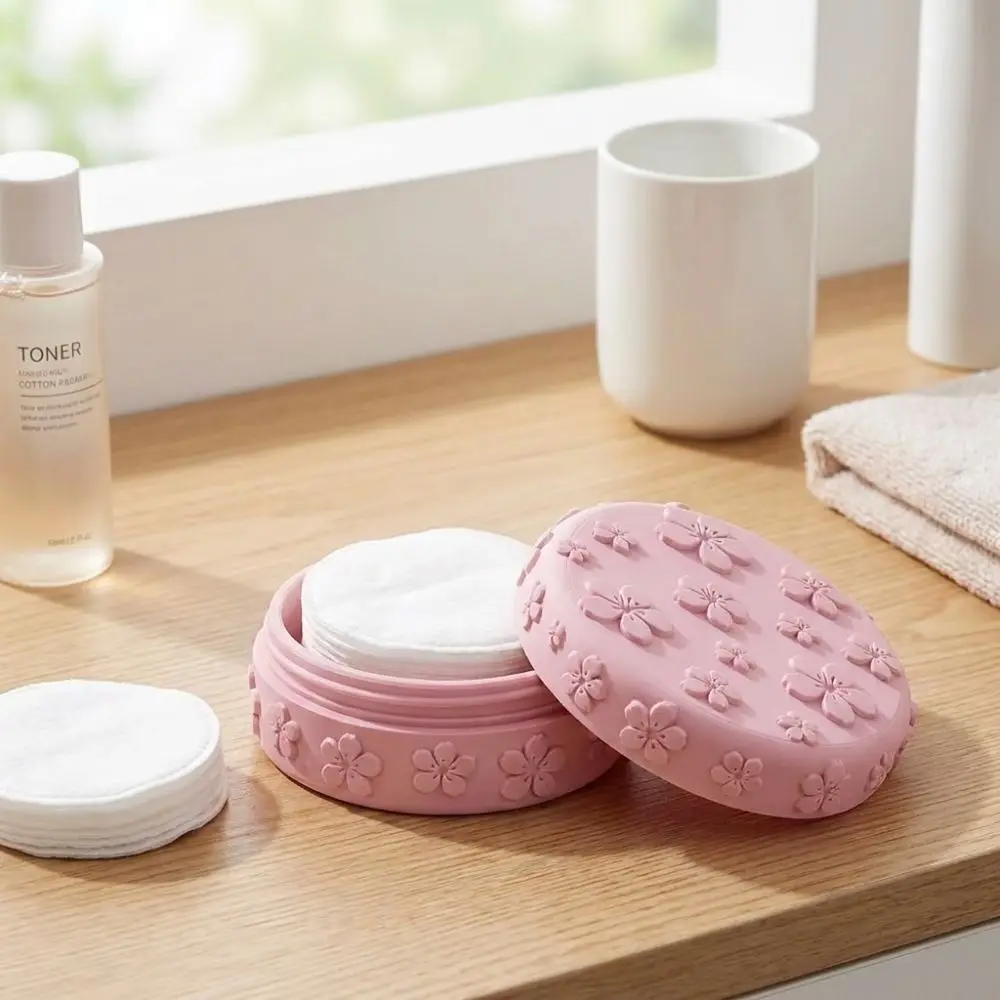 3D Printed Makeup Cotton Storage Box Embossed Cherry Dust-Proof Beauty Storage Jar Round Sealed Aesthetic Cotton Pad Container