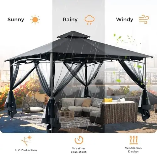 Patio Gazebo 12' X 12', Ventilated Double Roof & Mosquito Netting, Outdoor Gazebo with Metal Frame, Soft Top Canopy for