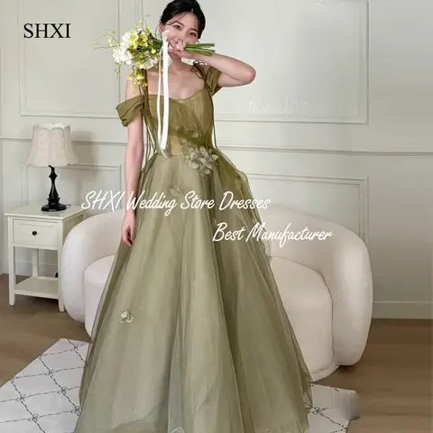 SHXI 요정 녹색 오프 어깨 한국 웨딩 드레스 반짝 이는 Tulle Pleat 이브닝 드레스 사진 촬영 맞춤형 신부 파티 가운