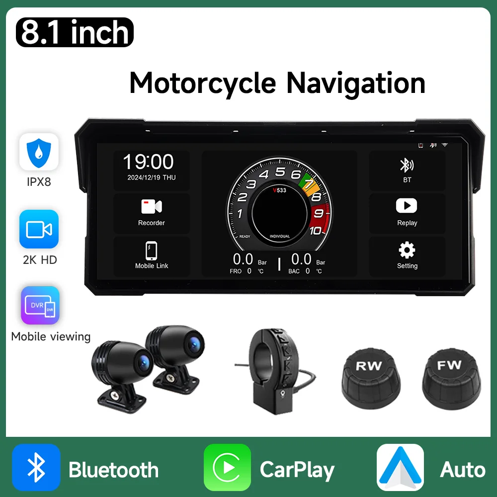 8.1'' Motorcycle Multimedia Player 2K HD Recorder GPS Navigation Wireless CarPlay Android Auto IPX8 Waterproof Screen Bluetooth