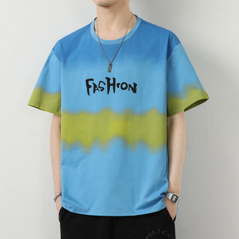 

Fashion O-Neck Printed Loose Gradient Korean T-Shirt Men Clothing 2024 Summer New Oversized Casual Pullovers All-match Tee Shirt