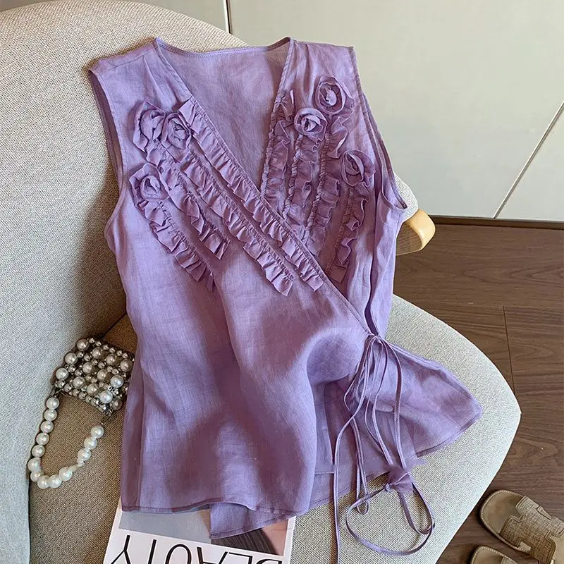 

Летняя яркая линия украшения с цветочным принтом, майка без рукавов, женская футболка, новинка 2025, простые однотонные рубашки со шнуровкой и оборками