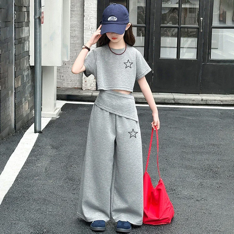 2026 Summer Girls Cotton Crop Leisure Star T-Shirt Top+Loose Sweatpant Workout Set School Kids 2PCS Tracksuit Children Outfit