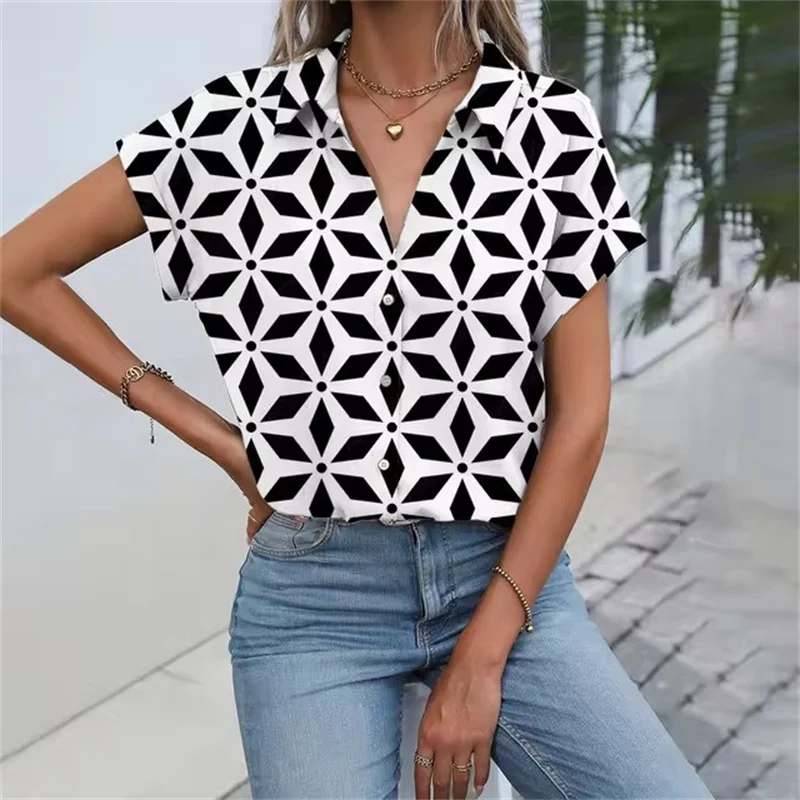 Daily Casual Women\'s Shirt Classic Black Line Print Shirts & Blouses Women\'s Summer Clothes Short Sleeve Button Front Shirt Tops