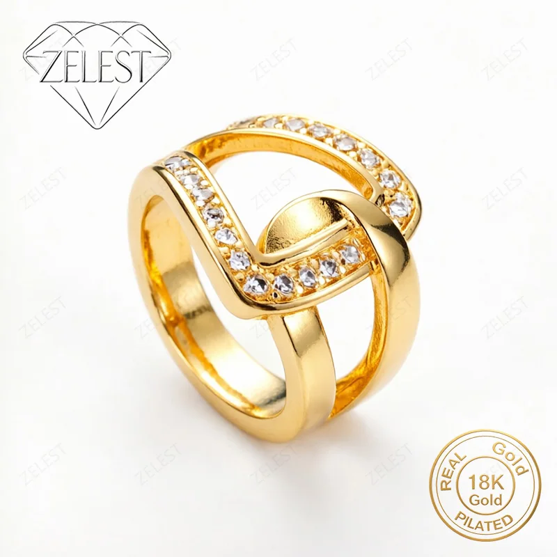 

925 Sterling Silver 18K Gold Plated Exquisite Crossed Zirconia Ring Women Fashion Party Accessories Gift Jewelry